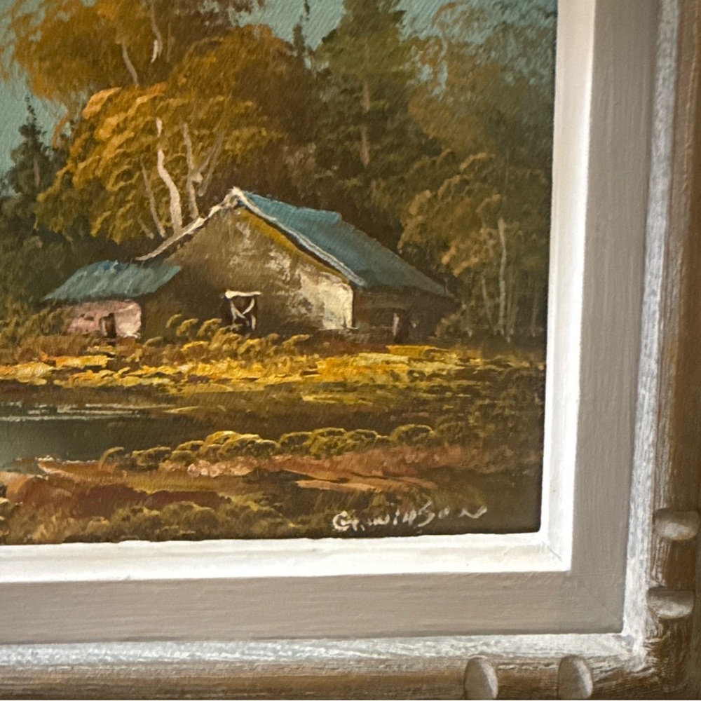 Vintage Signed Oil Painting Blue and Green Mountain Lake Cottage Oil Painting - Picture 2 of 8